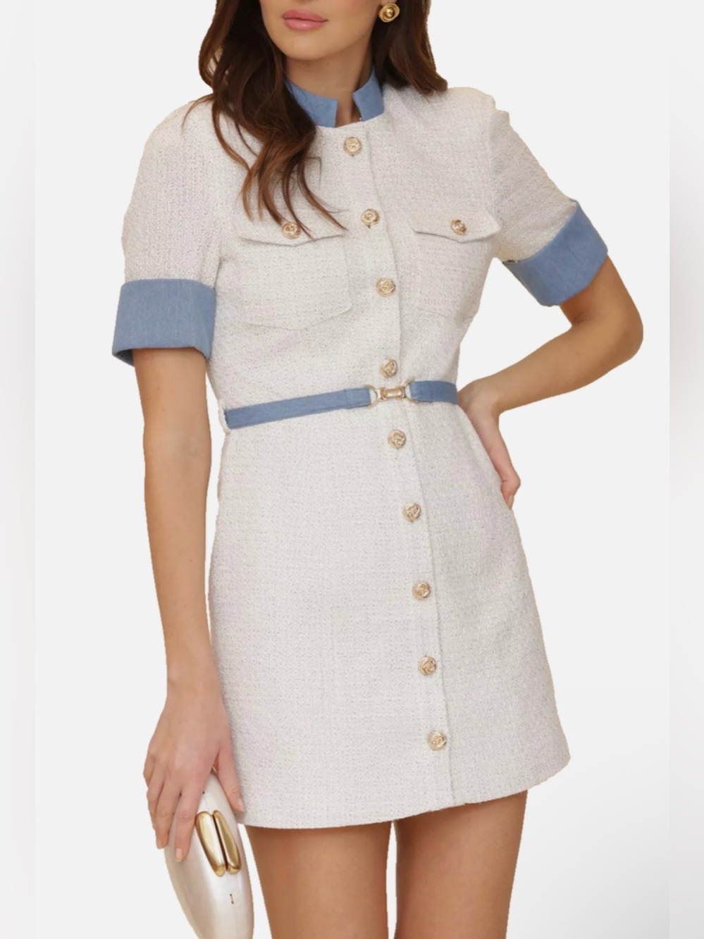 Avec Les Filles White Tweed Short Sleeve Dress with Blue Trim (Size 12)